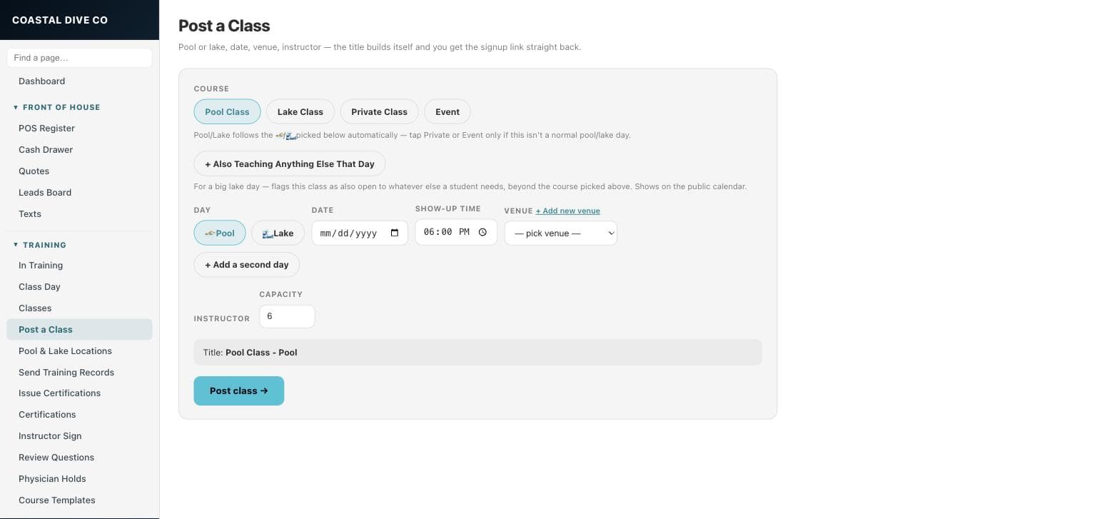 The Post a Class form: course type buttons, a Pool or Lake day toggle, date, show-up time, venue picker, capacity, and a Post class button