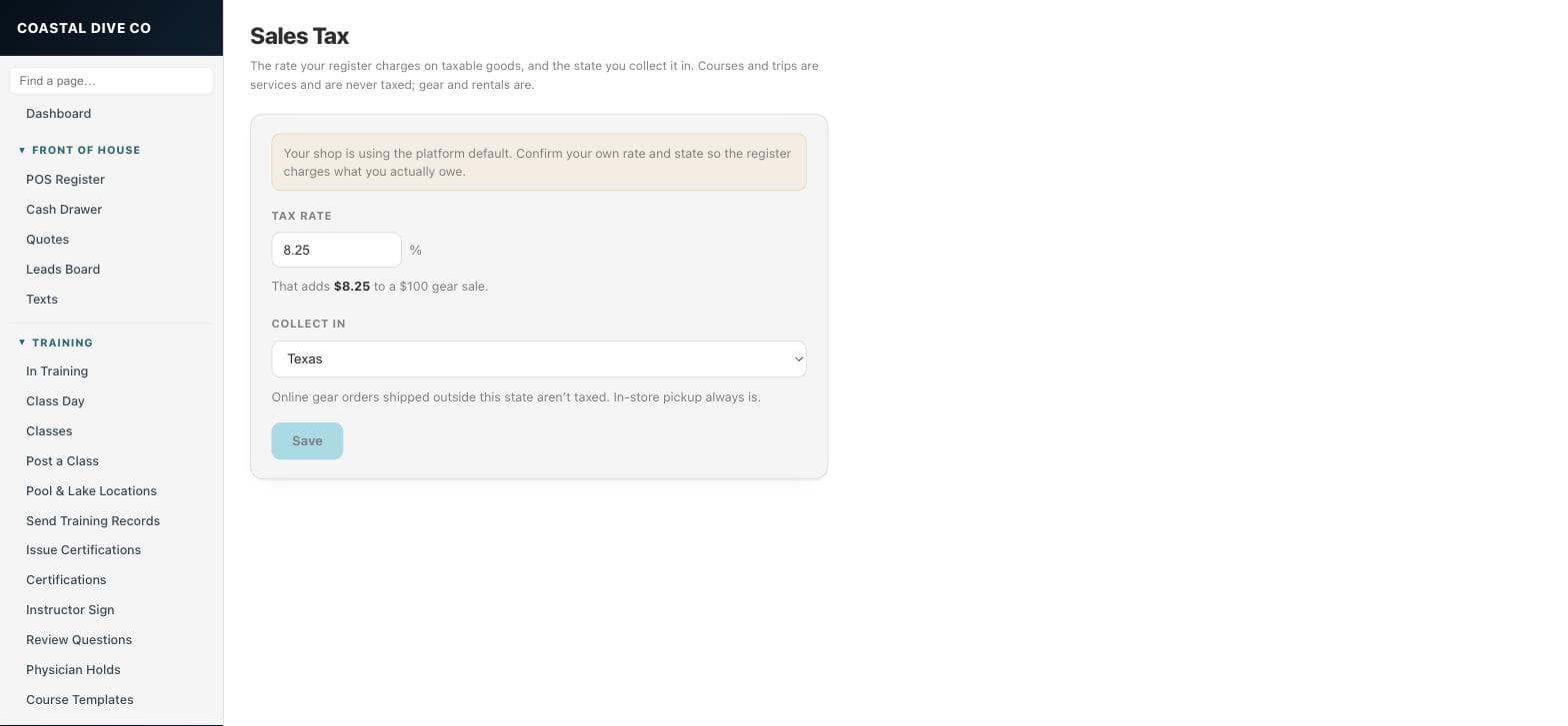The Sales Tax page with a tax rate field showing 8.25%, a Collect in state dropdown set to Texas, and a Save button