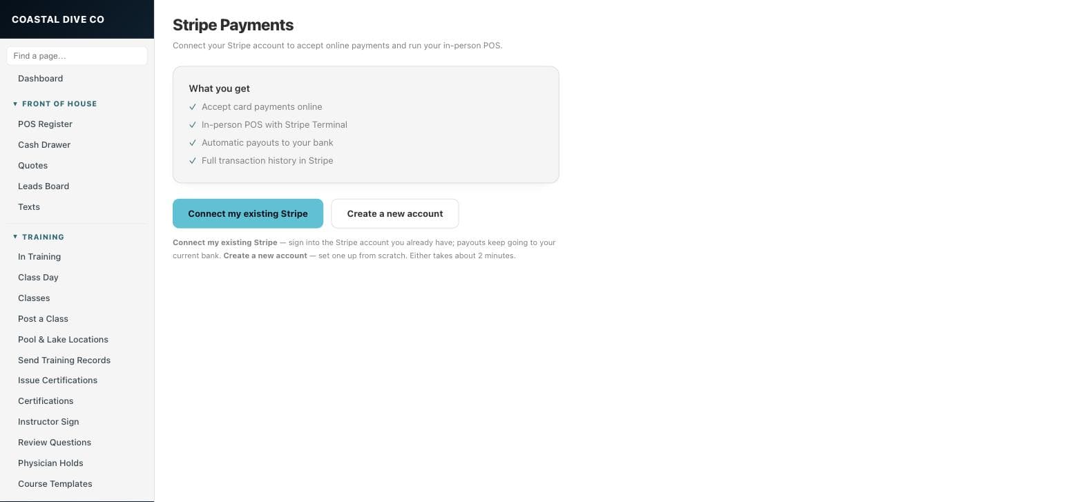 The Stripe Payments page listing what you get, with Connect my existing Stripe and Create a new account buttons