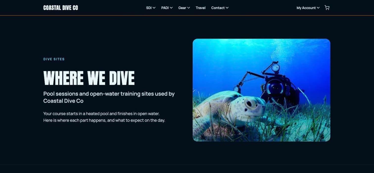 Where we dive page built from the template, Ocean look