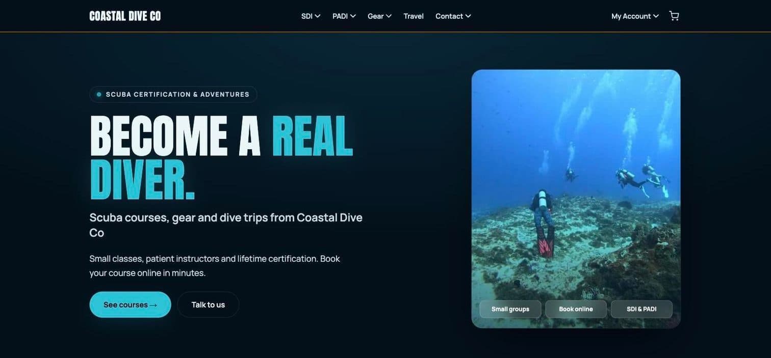 Homepage page built from the template, Ocean look