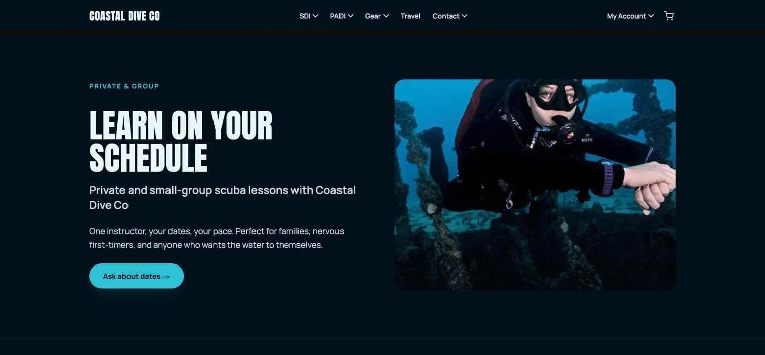 Private lessons page built from the template, Ocean look
