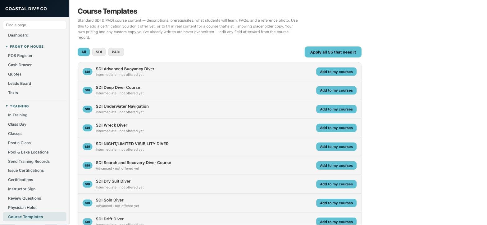 The Course Templates page listing SDI courses such as Advanced Buoyancy Diver and Deep Diver, each with an Add to my courses button, and All, SDI and PADI filters