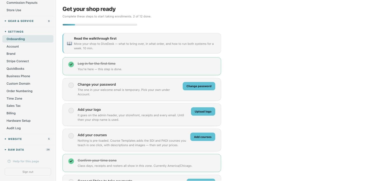 The admin sidebar scrolled to the bottom, showing the Settings pages and a Help for this page link above Sign out, beside the Get your shop ready checklist