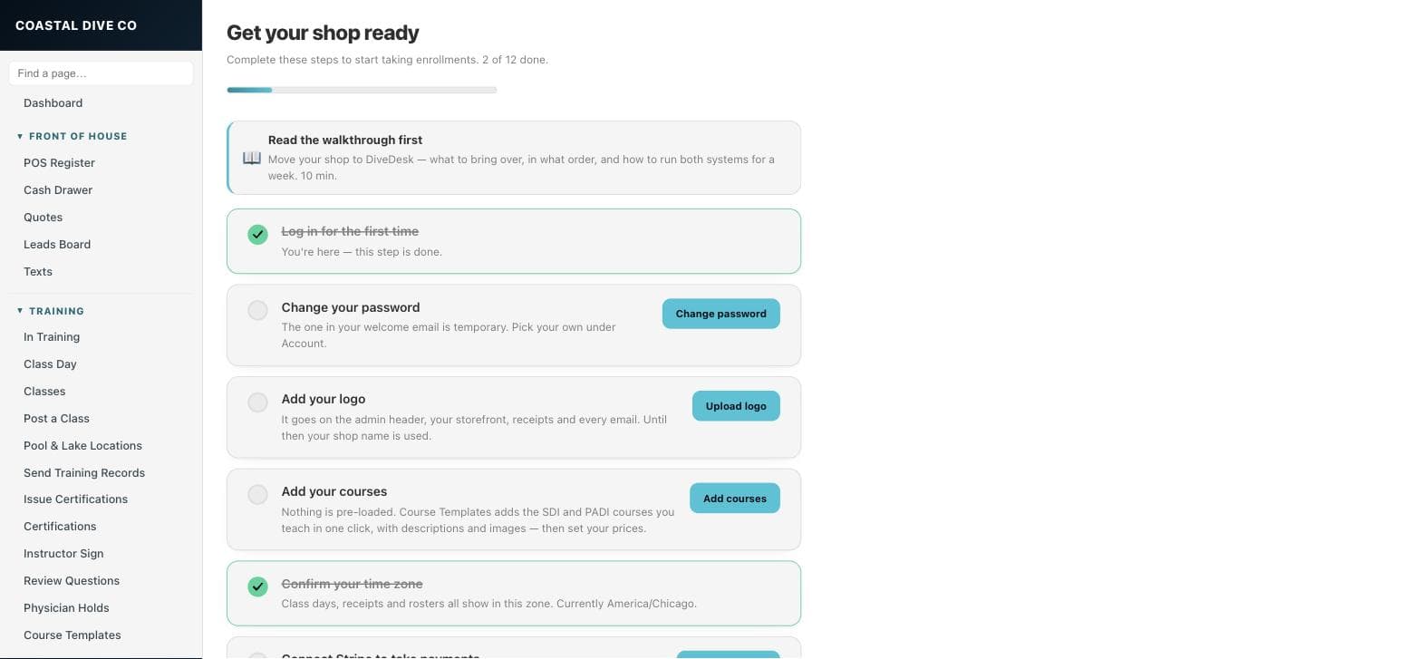 The Get your shop ready checklist in the admin, with a progress bar, the Read the walkthrough first card, and steps such as Change your password, Add your logo and Add your courses, each with a button