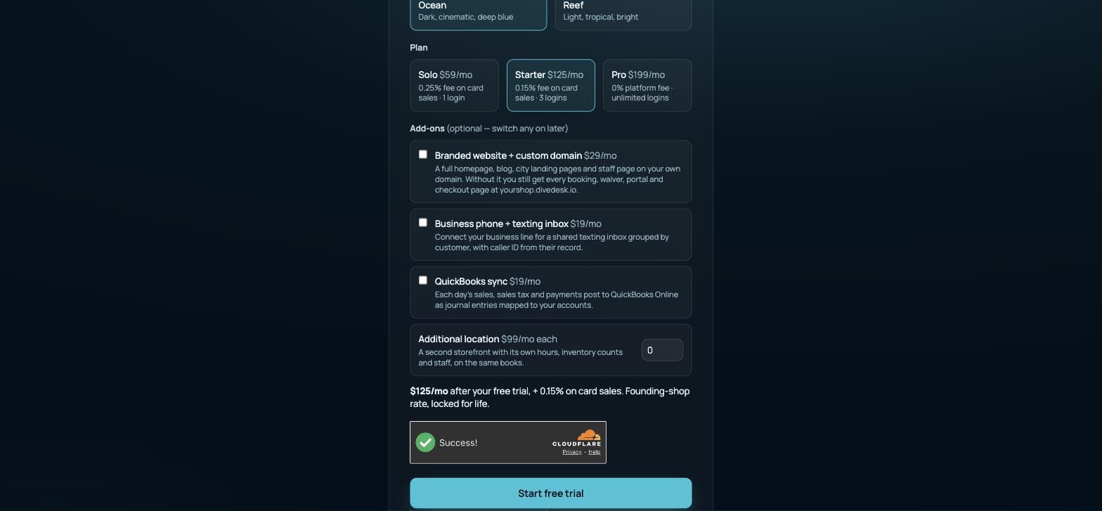 The DiveDesk signup form with the Solo, Starter and Pro plan cards and the optional add-ons below them